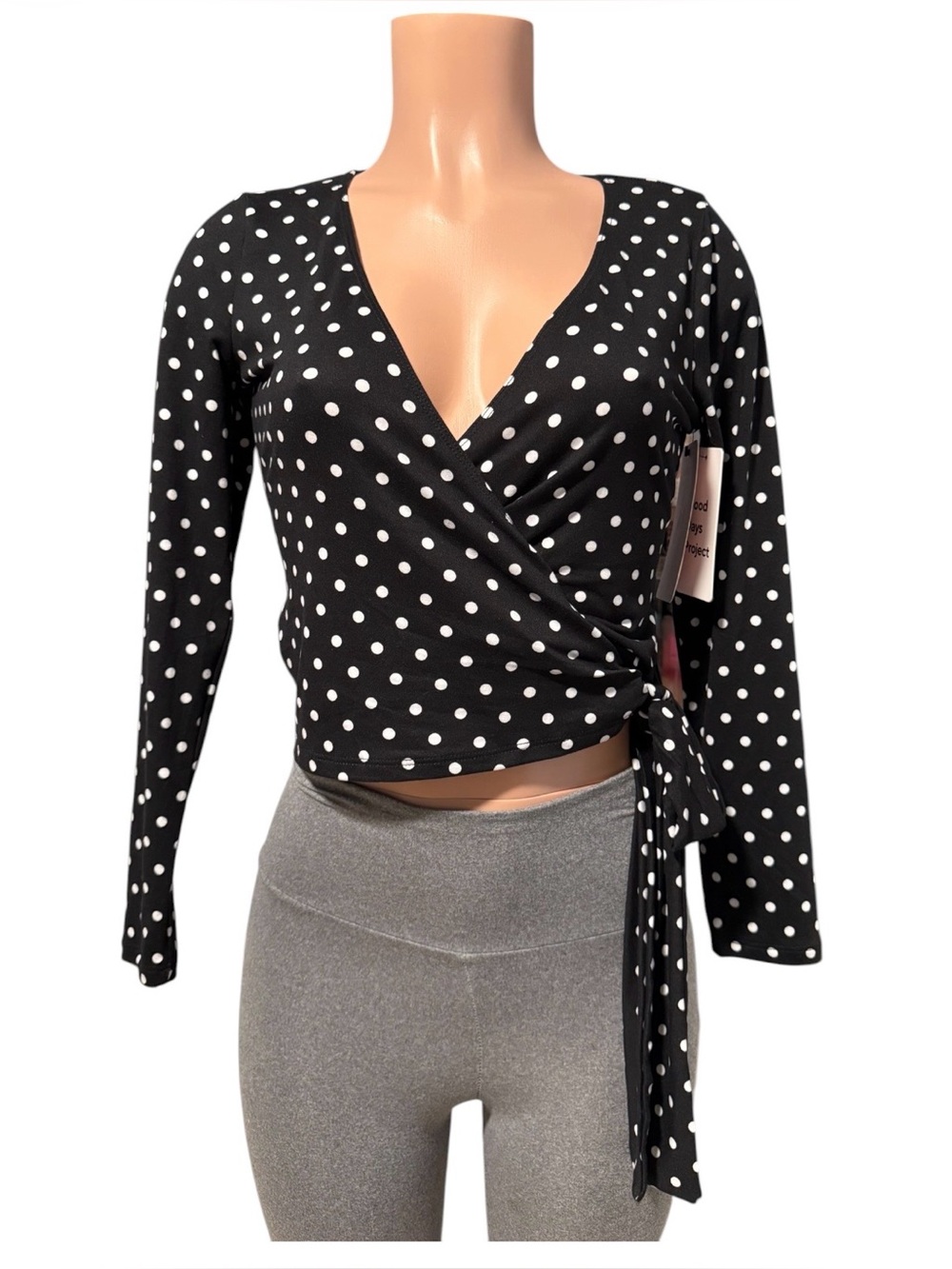 Black Polka Dot Wrap Long-Sleeve Top